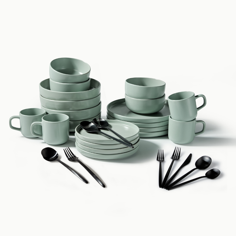 Ultimate Dinnerware Set-JAZZUPCO-Matte Sage Green-Minimalist Flatware 2.0-Matte Black-JAZZUPCO-51086807269675