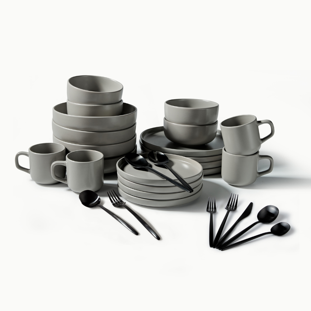 Ultimate Dinnerware Set-JAZZUPCO-Matte Dove Gray-Minimalist Flatware 2.0-Matte Black-JAZZUPCO-51086807597355
