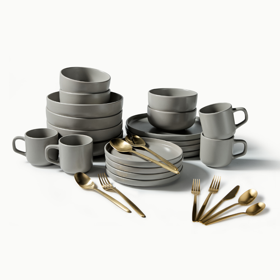Ultimate Dinnerware Set-JAZZUPCO-Matte Dove Gray-Tia Flatware-Matte Gold-JAZZUPCO-53168865542443