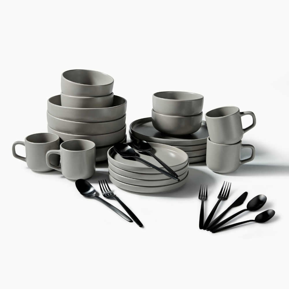 Ultimate Dinnerware Set-JAZZUPCO-Matte Dove Gray-Tia Flatware-Matte Black-JAZZUPCO-53168865575211
