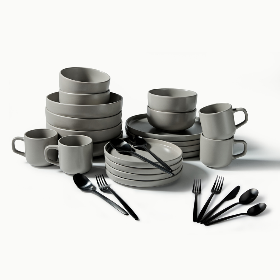 Ultimate Dinnerware Set-JAZZUPCO-Matte Dove Gray-Tia Flatware-Matte Black-JAZZUPCO-53168865575211