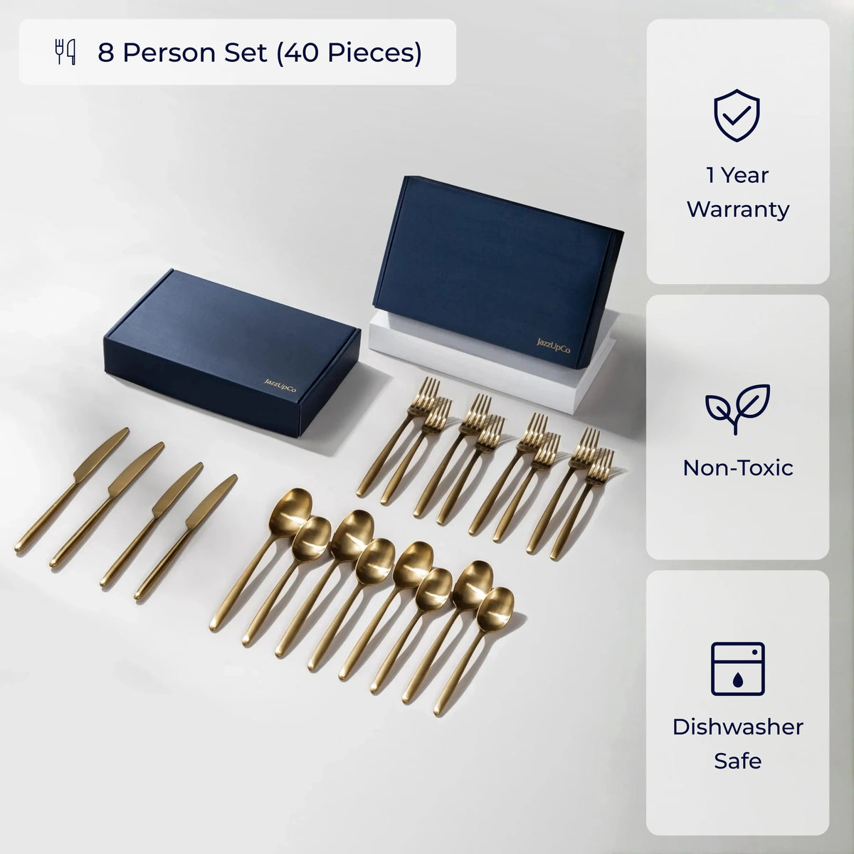 Ava Flatware - Matte Gold / 8 Person Set (40 Pieces)