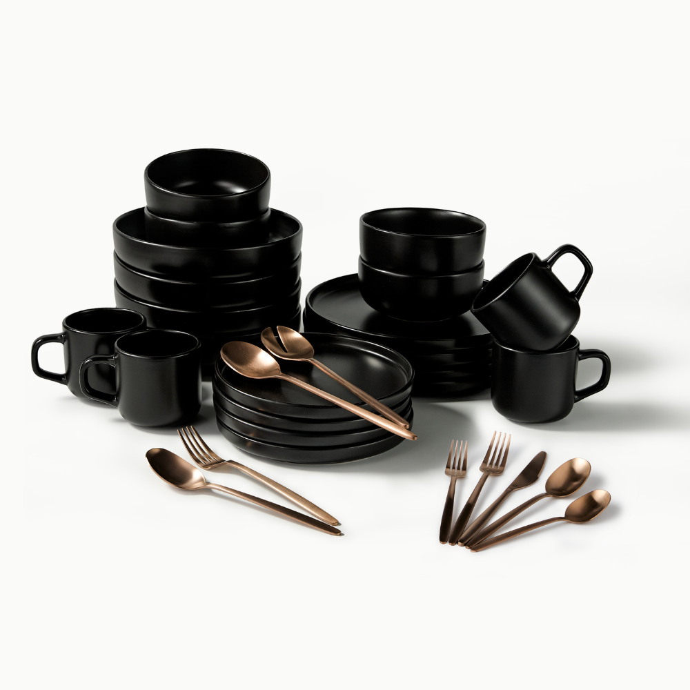 Ultimate Dinnerware Set-JAZZUPCO-Matte Black-Tia Flatware-Matte Rose Gold-JAZZUPCO-53168865345835