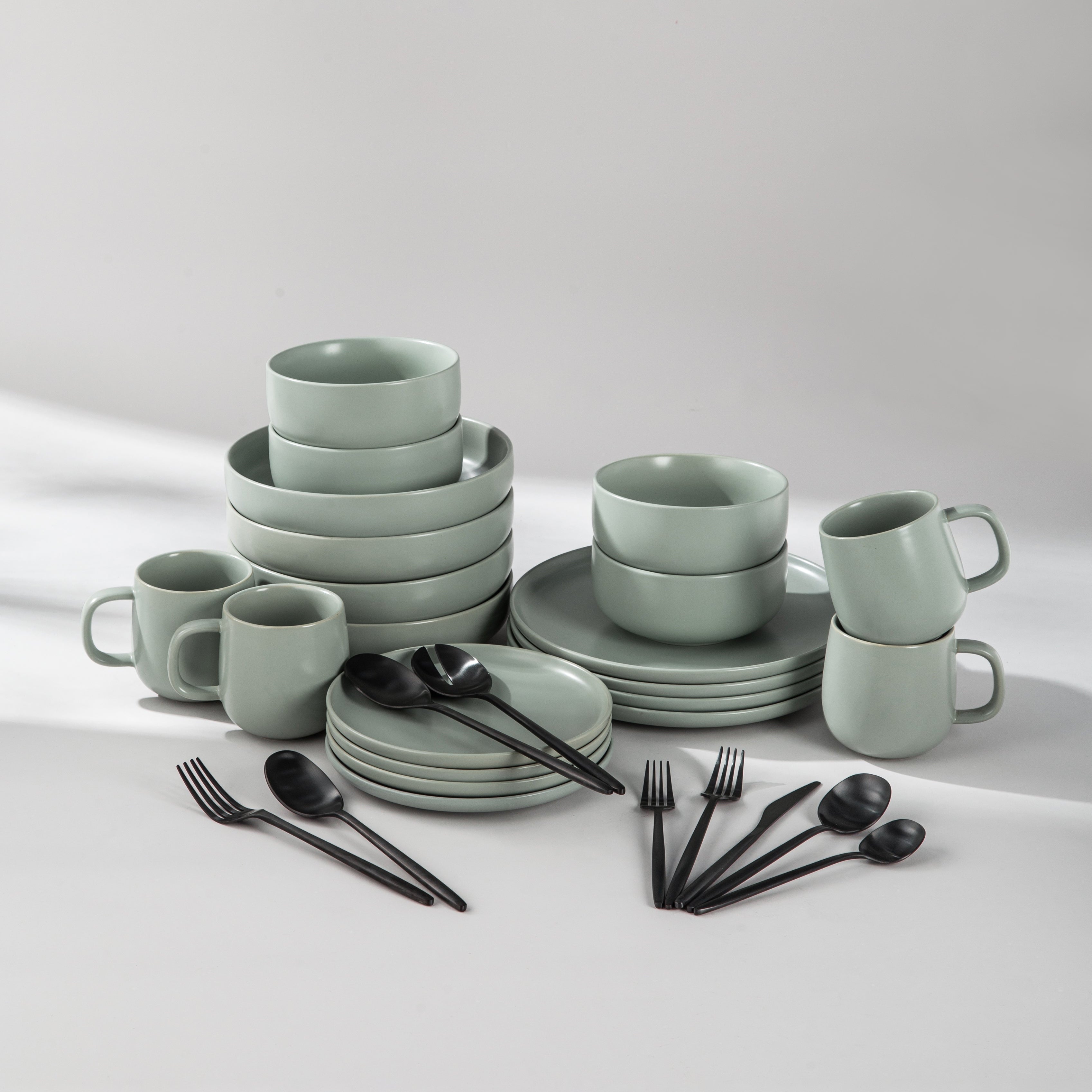Summer Bundle Set-JAZZUPCO-Matte Sage Green-Minimalist Flatware 2.0-Matte Black-JAZZUPCO