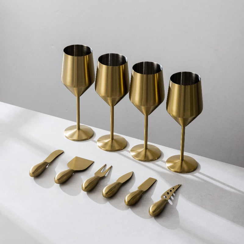 Wine Glasses & Cheese Knives Bundle-JazzUpCo-Matte Gold-4 Wine Glasses + Cheese Knives Set-JAZZUPCO