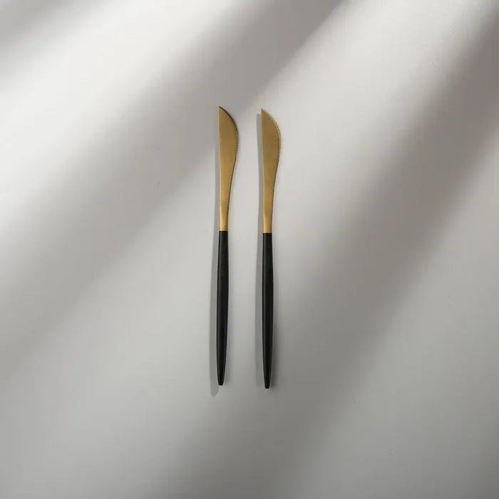 Minimalist/ French Flatware Salad Servers, Serving Utensils & Individual Pieces-JAZZUPCO-Black & Gold-Dessert Knife (2 Pieces)-JAZZUPCO