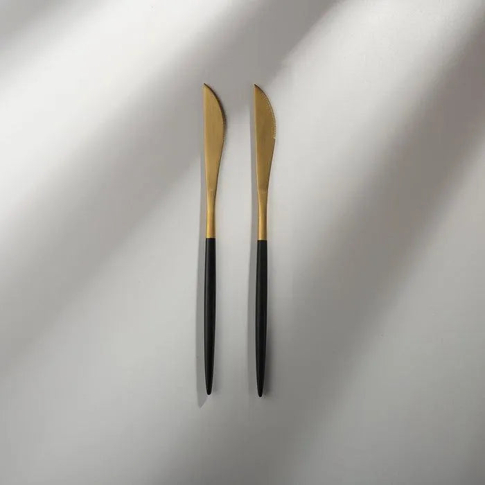 Minimalist/ French Flatware Salad Servers, Serving Utensils & Individual Pieces-JAZZUPCO-Black & Gold-Dinner Knife (2 Pieces)-JAZZUPCO