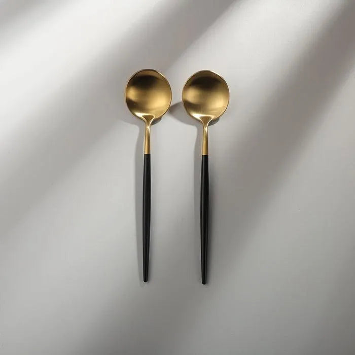 Minimalist/ French Flatware Salad Servers, Serving Utensils & Individual Pieces-JAZZUPCO-Black & Gold-Dinner Spoon (2 Pieces)-JAZZUPCO