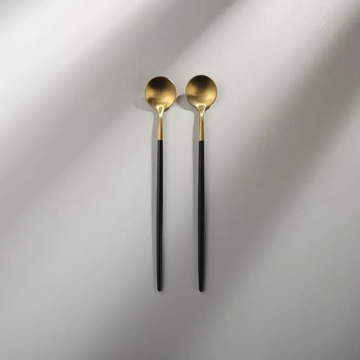 Minimalist/ French Flatware Salad Servers, Serving Utensils & Individual Pieces-JAZZUPCO-Black & Gold-Long Drink Spoon (2 Pieces)-JAZZUPCO