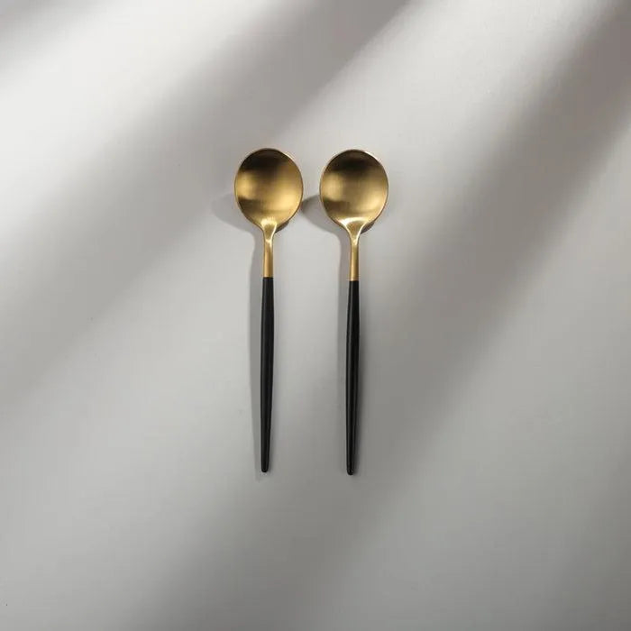 Minimalist/ French Flatware Salad Servers, Serving Utensils & Individual Pieces-JAZZUPCO-Black & Gold-Dessert Spoon (2 Pieces)-JAZZUPCO