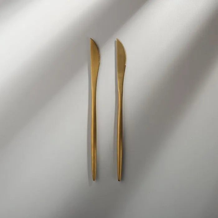 Minimalist/ French Flatware Salad Servers, Serving Utensils & Individual Pieces-JAZZUPCO-Matte Gold-Dinner Knife (2 Pieces)-JAZZUPCO