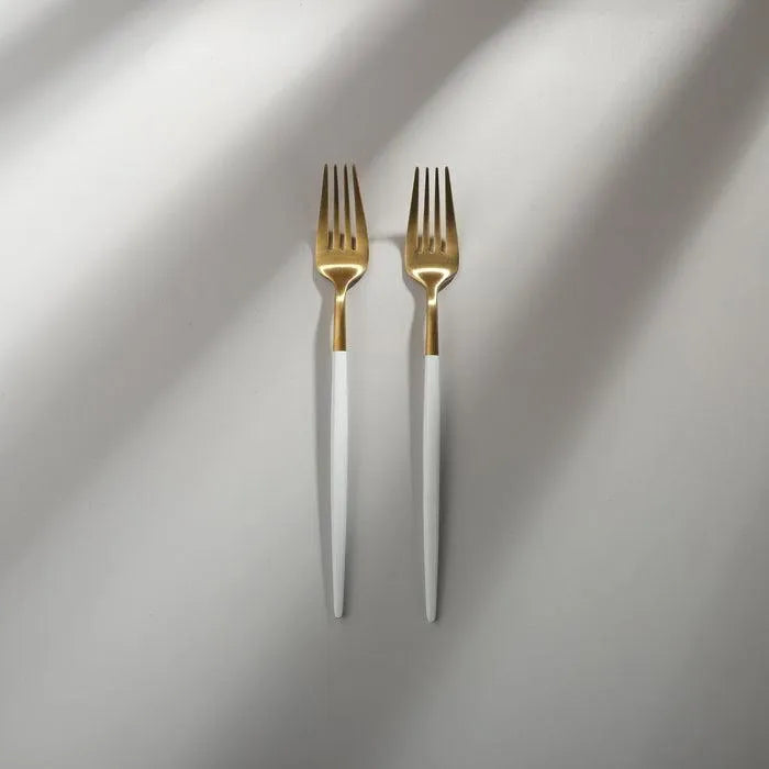 Minimalist/ French Flatware Salad Servers, Serving Utensils & Individual Pieces-JAZZUPCO-White & Gold-Dinner Fork (2 Pieces)-JAZZUPCO
