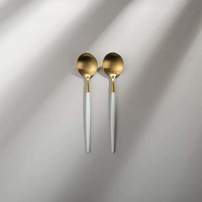 Minimalist/ French Flatware Salad Servers, Serving Utensils & Individual Pieces-JAZZUPCO-White & Gold-Dessert Spoon (2 Pieces)-JAZZUPCO