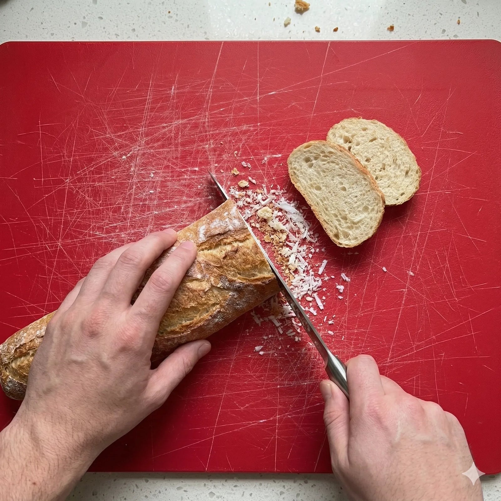 Heavily-scratched red plastic cutting board with sliced bread loaf and knife