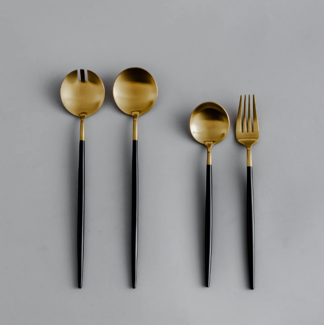 Minimalist/ French Flatware Salad Servers, Serving Utensils & Individual Pieces-JAZZUPCO-Black & Gold-Serving Utensils + Salad Servers Bundle-JAZZUPCO